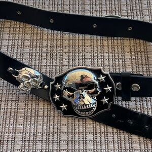 Hot Topic Belt Black Genuine Leather Skull Goth Gothic Grunge Belt